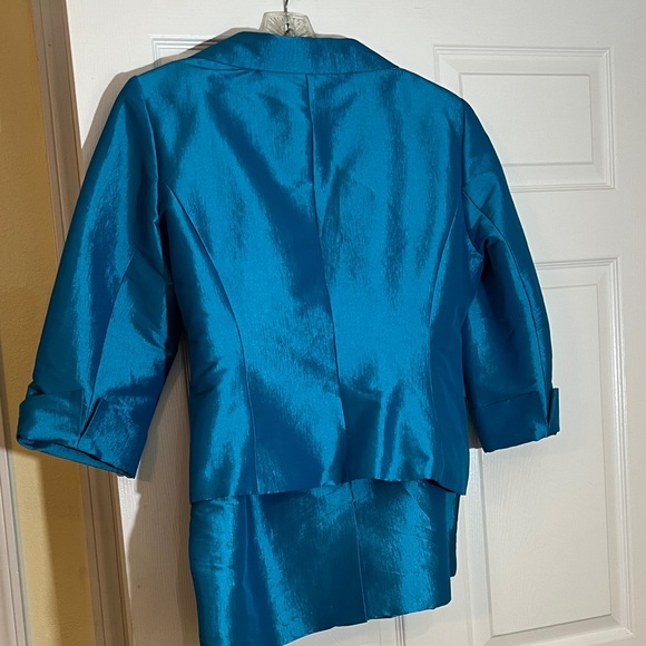 Blue Satin Blazer with Belt Detail and matching skirt - Picture 2 of 2